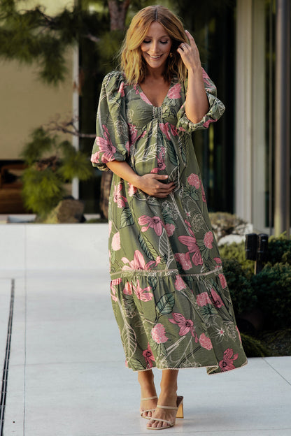 Lonna Dress | Olive + Fuschia Floral