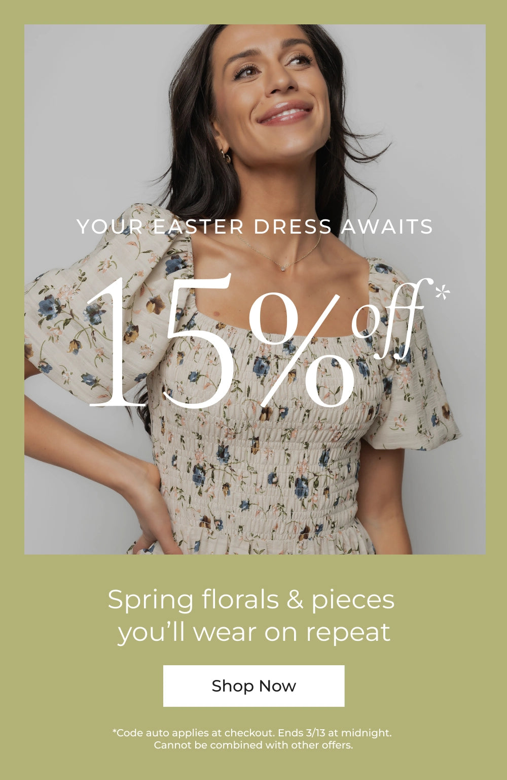 Promotional banner with a woman wearing a floral dress, offering 15% off on spring florals and pieces.
