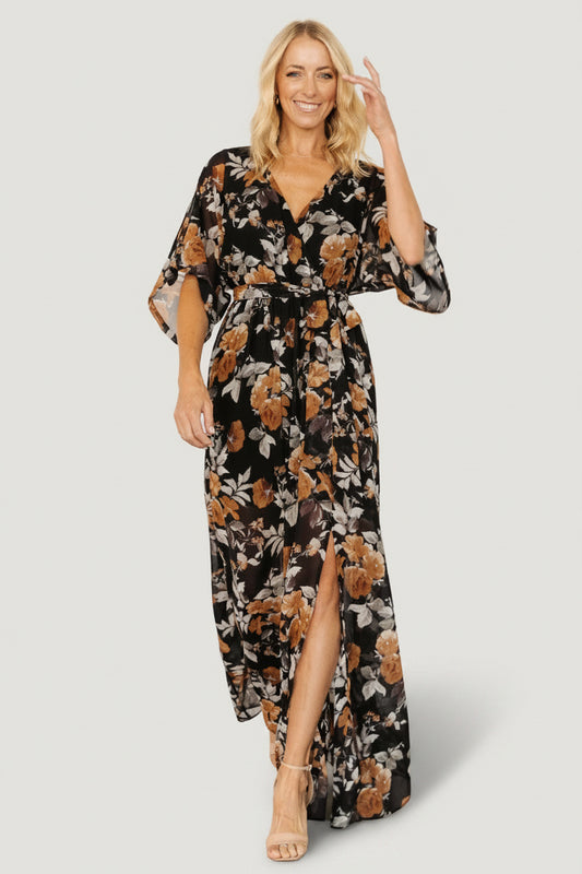 Kia Kimono Maxi Dress | Black + Copper Floral
