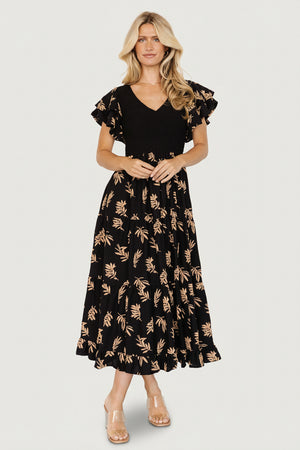 Estelle Smocked Midi Dress | Black + Tan Print