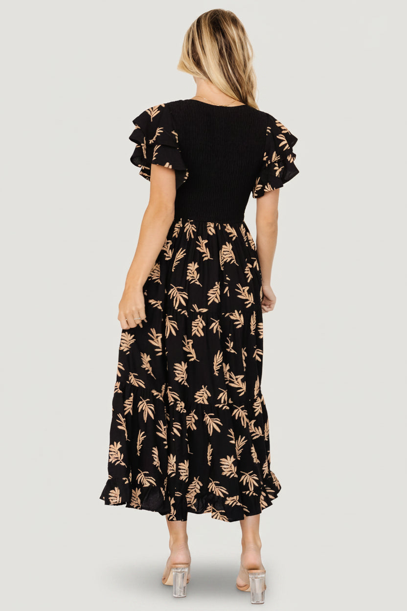 Estelle Smocked Midi Dress | Black + Tan Print