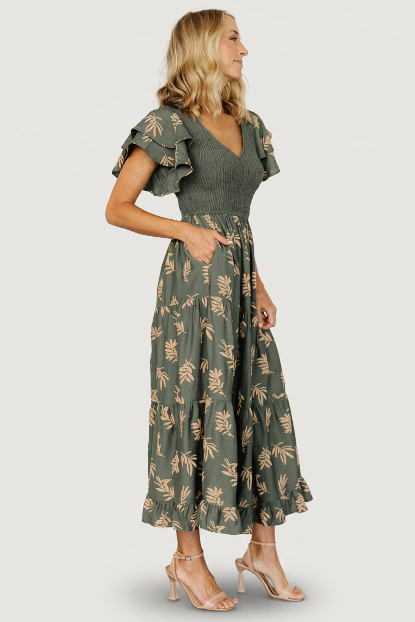Estelle Smocked Midi Dress | Green + Tan Print
