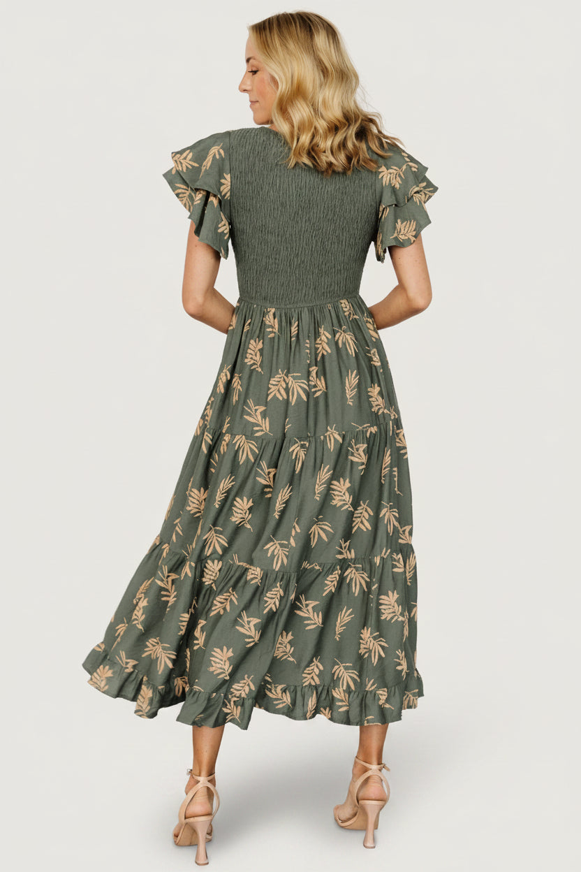 Estelle Smocked Midi Dress | Green + Tan Print