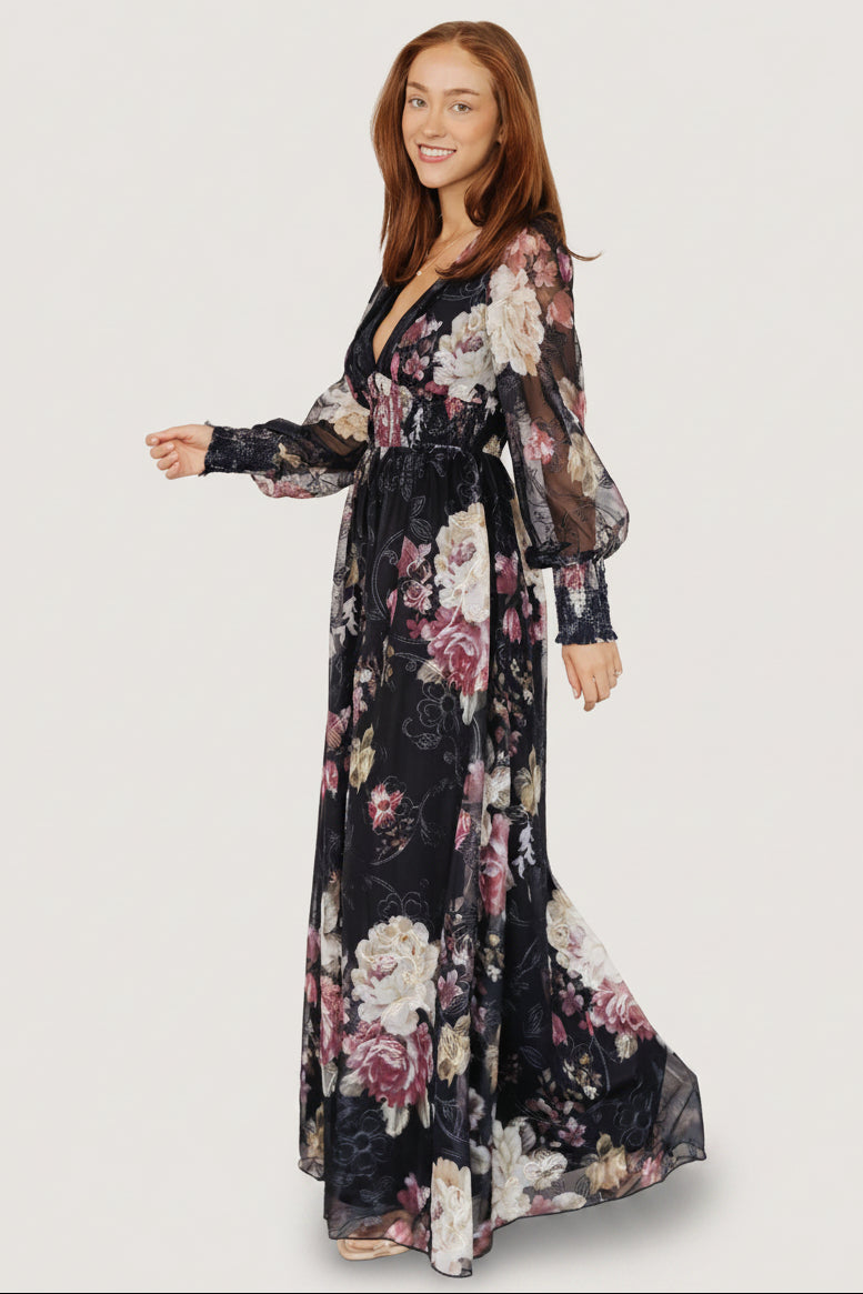 Jolie Embroidered Tulle Dress | Midnight + Mauve Floral