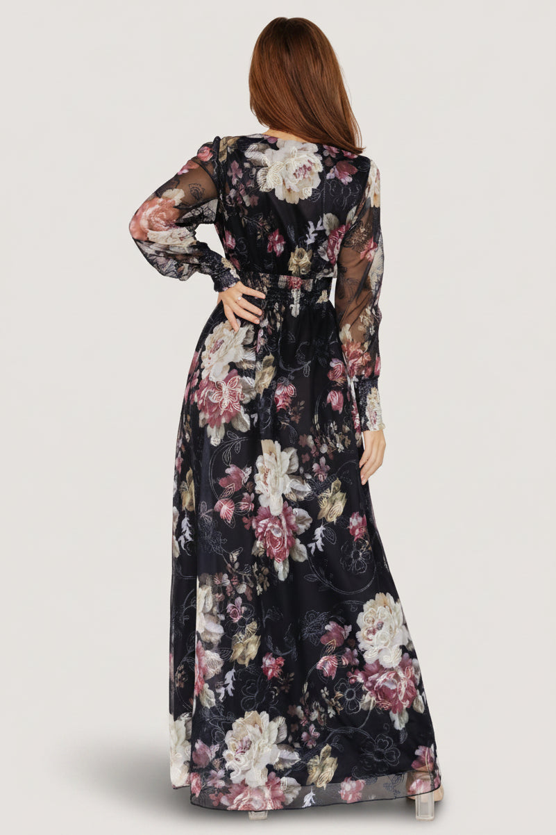Jolie Embroidered Tulle Dress | Midnight + Mauve Floral