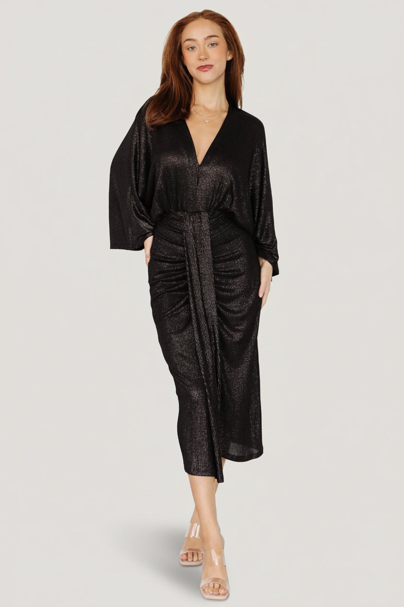 Baltic Born Womens Ciara Ruched Midi Dress | Black Metallic