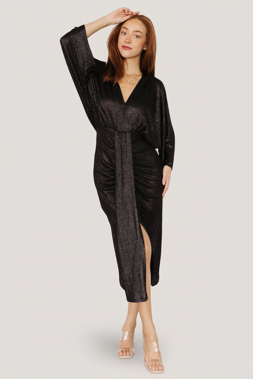 Baltic Born Womens Ciara Ruched Midi Dress | Black Metallic