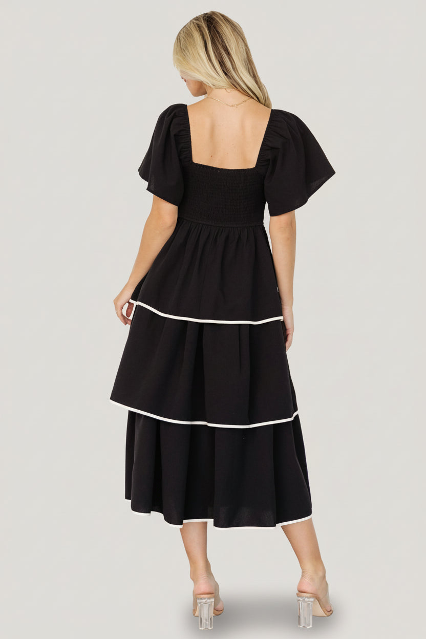 black tiered midi dress Madrid Tiered Midi Dress Black & Ivory