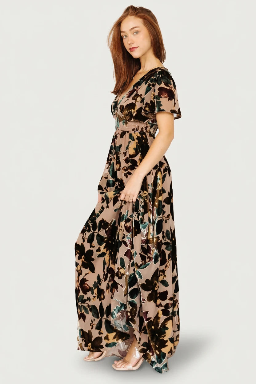 champagne print dress Champagne Vintage Print Linen Blend Maxi Dress