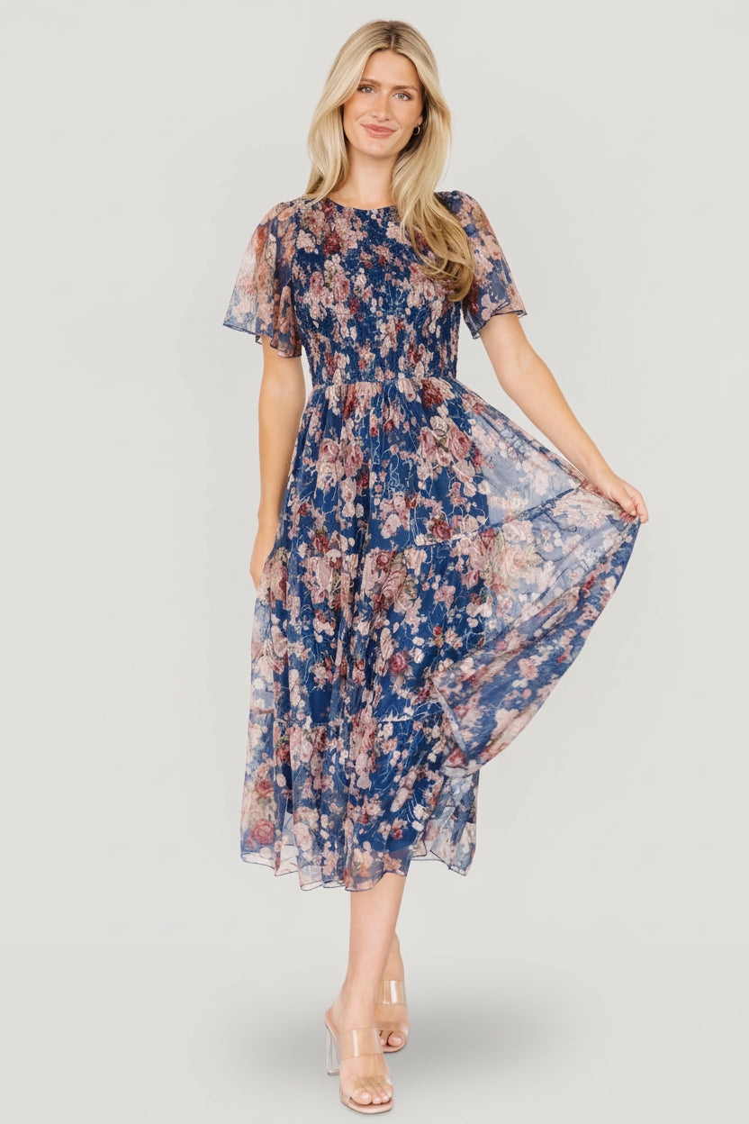 Baltic Born Womens Mara Embroidered Tulle Dress | Dark Blue Multi Floral