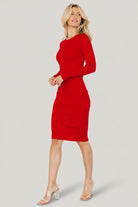 Close-up of the Mavis Ribbed Midi Dress fabric in red, showing ribbed texture, stitch detail and the round jewel neckline for reference.