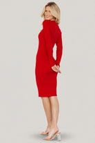 Styled outfit shot: Mavis Ribbed Midi Dress in red paired with outerwear and accessories to show versatile daytime and evening looks.