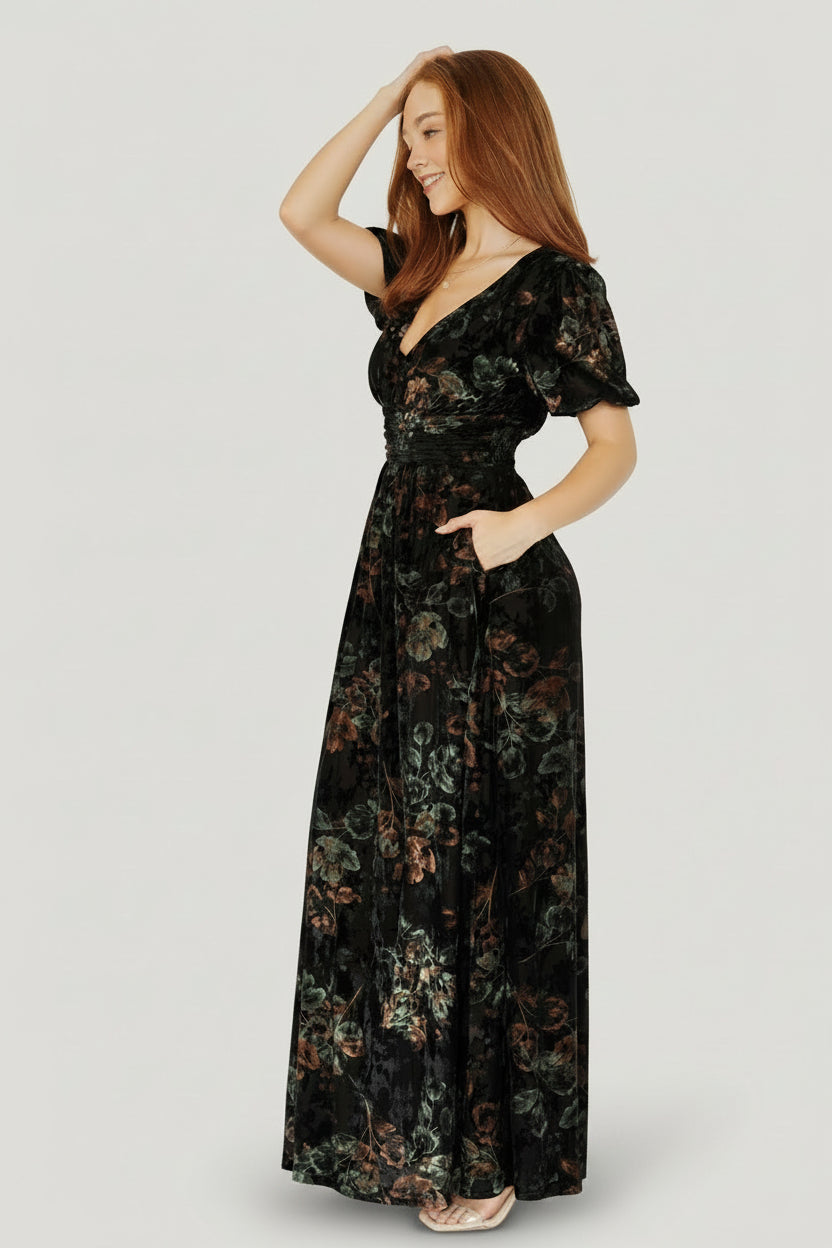Leslie Velvet Maxi Dress, Black & Deep Jade