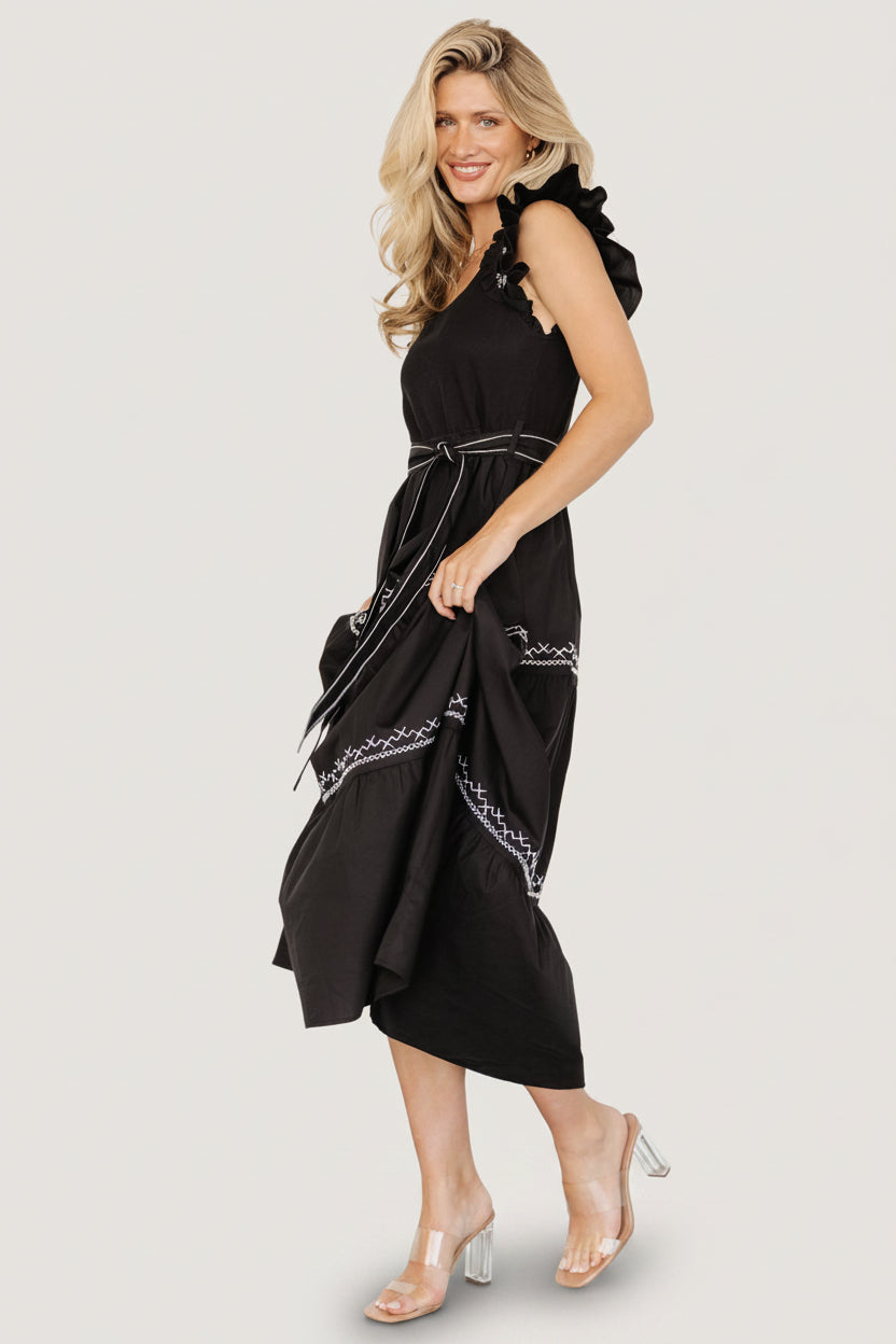Baltic Born Womens Elisa Embroidered Midi Dress | Black