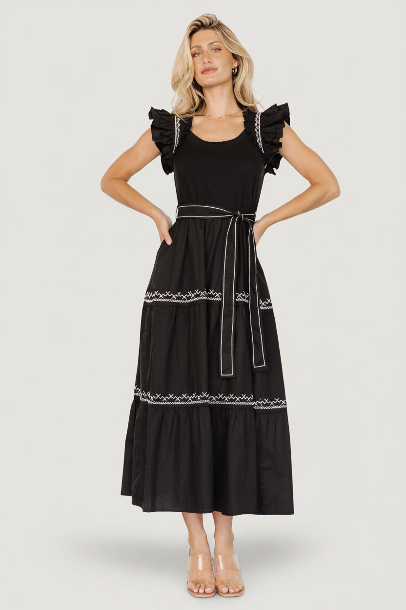 Elisa Embroidered Midi Dress | Black