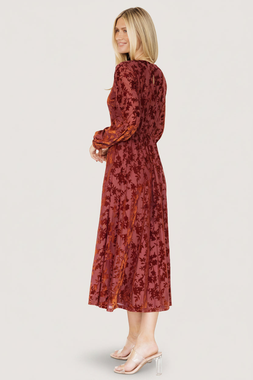 Thora Burnout Velvet Midi Dress Copper Floral