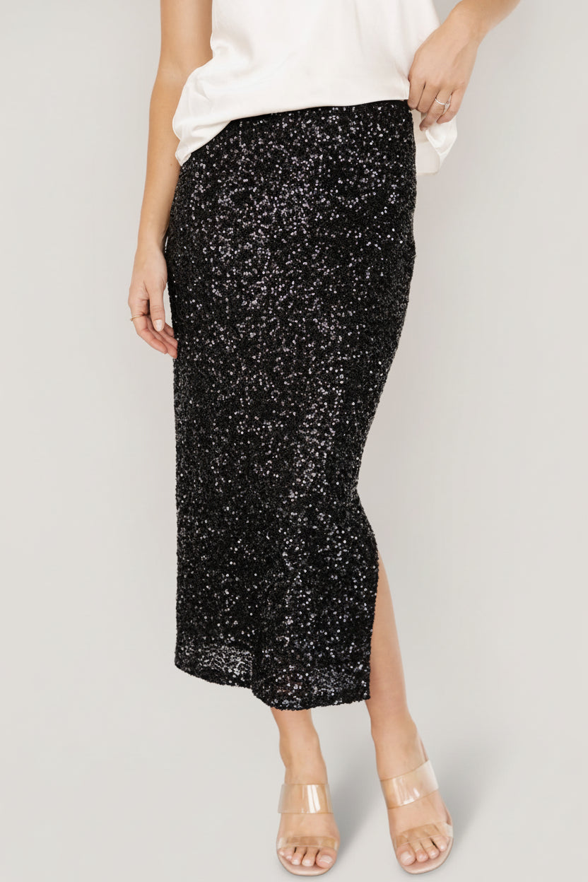 Charmed Sequin Midi Skirt — Black Pencil | Baltic Born