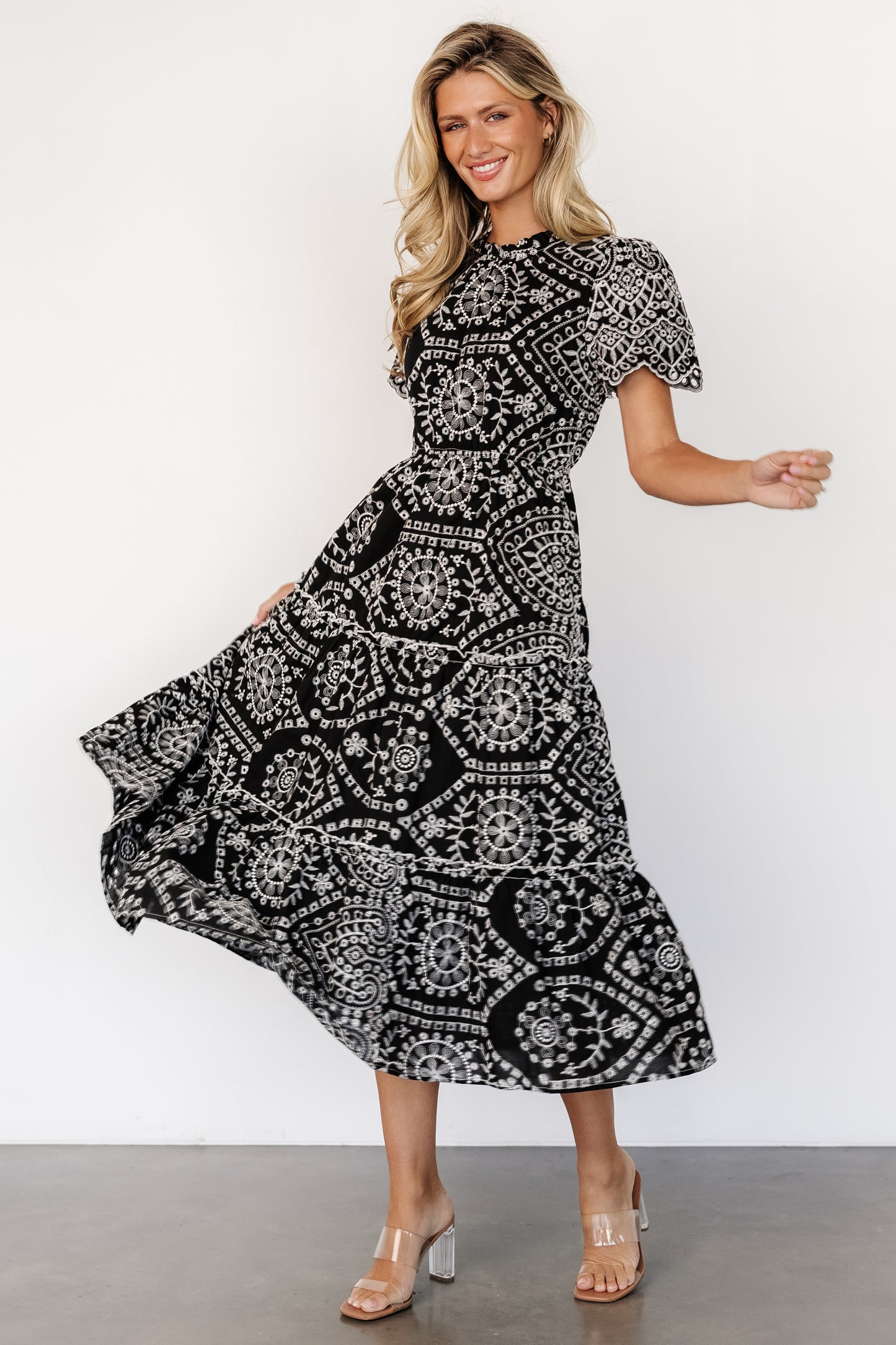 Mirabel Eyelet Midi Dress | Black + White