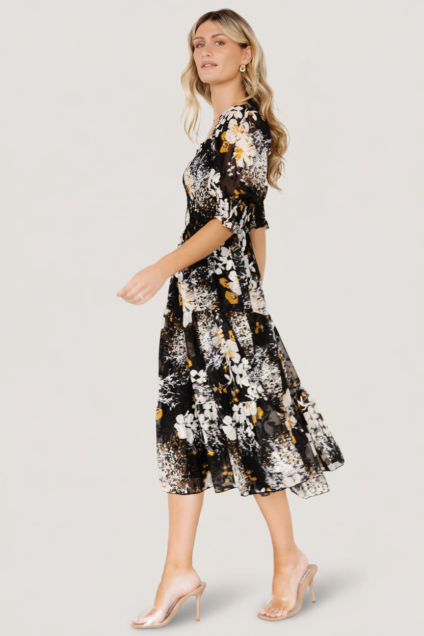 Fabian Jacquard Midi Dress | Black Floral