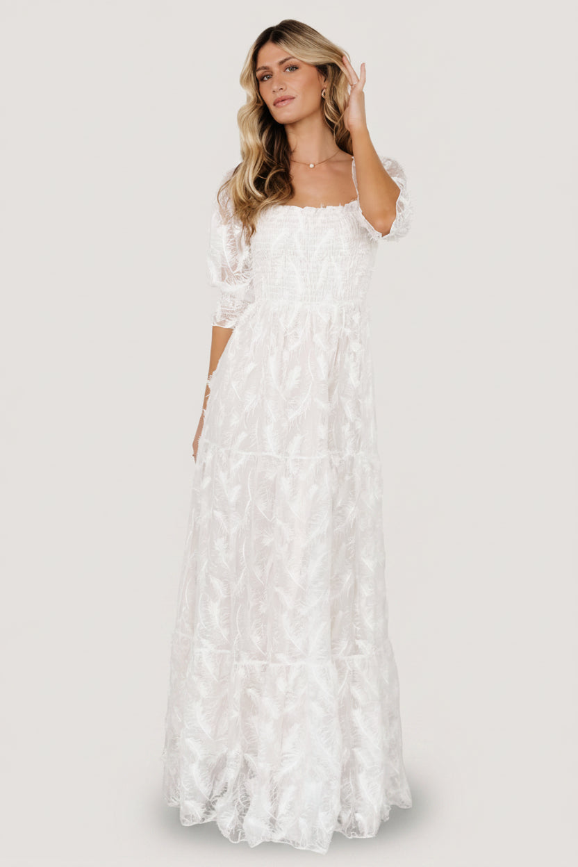 Baltic Born Womens Paloma Smocked Feather Maxi Dress | Off White