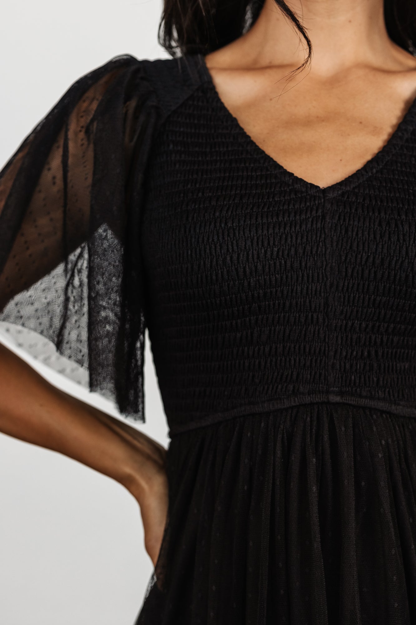 Close-up of Swiss dotted tulle overlay and fine dotted texture with lined interior visible through the sheer short sleeves of the dress.