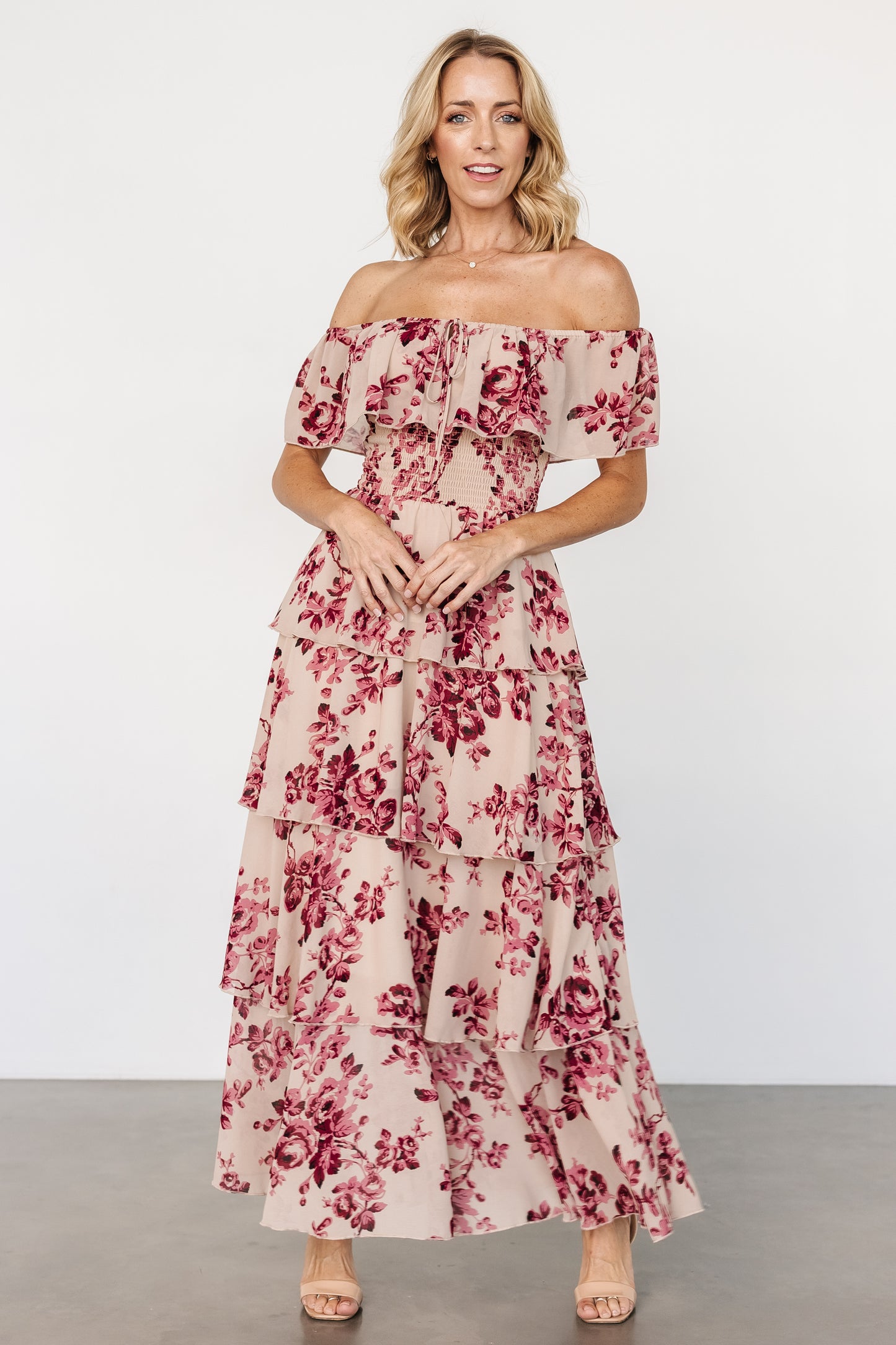 Carina Off Shoulder Maxi Dress | Nude + Rose