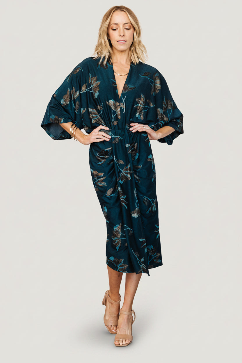 Baltic Born Womens Shaneen Ruched Midi Dress | Jade Floral Shimmer | Size: Small Baltic Born Womens Shaneen Ruched Midi Dress | Jade Floral Shimmer | Size: Small