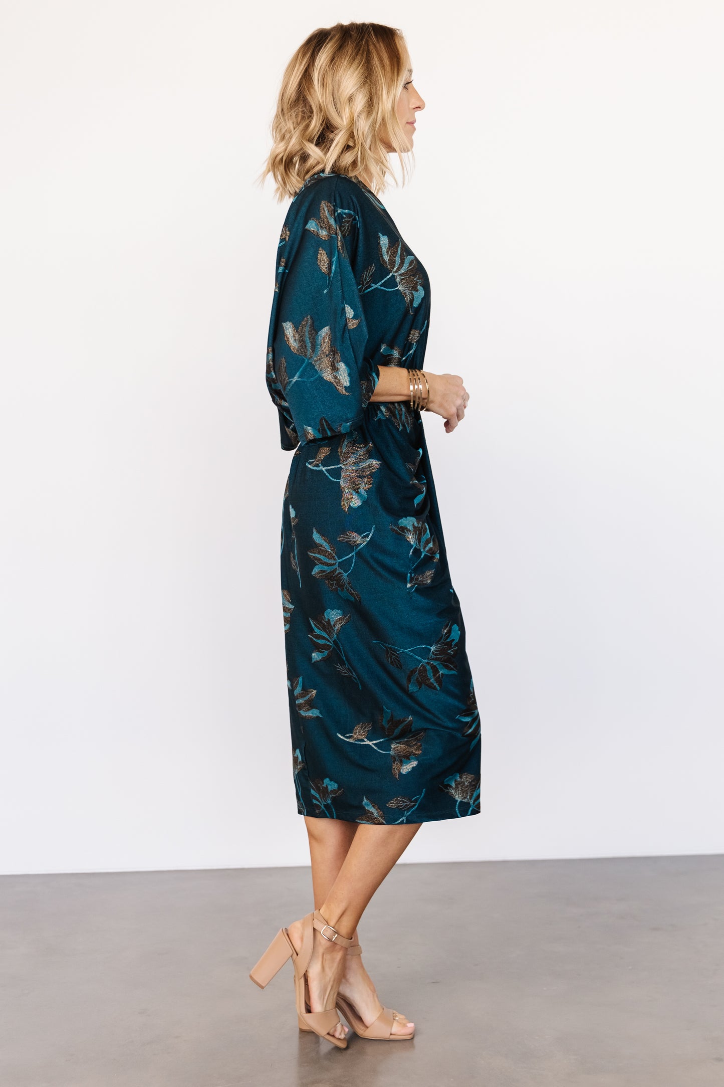 Shaneen Ruched Midi Dress | Jade Floral Shimmer