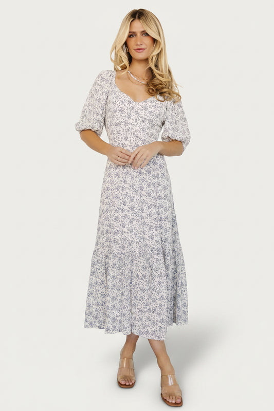 Elisabeth Button Dress | Off White + Blue Floral