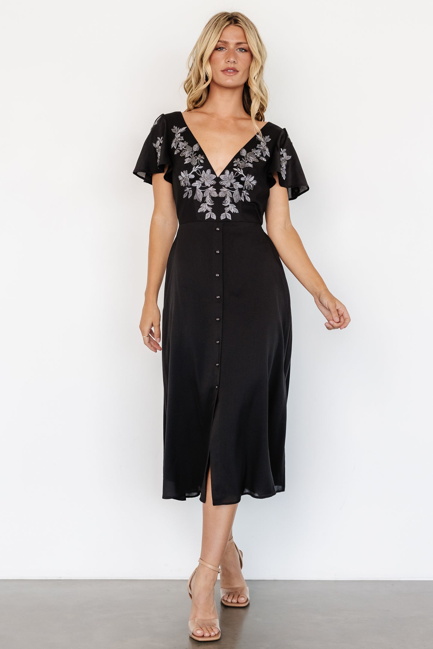 Swan Bead Embroidered Midi Dress | Black