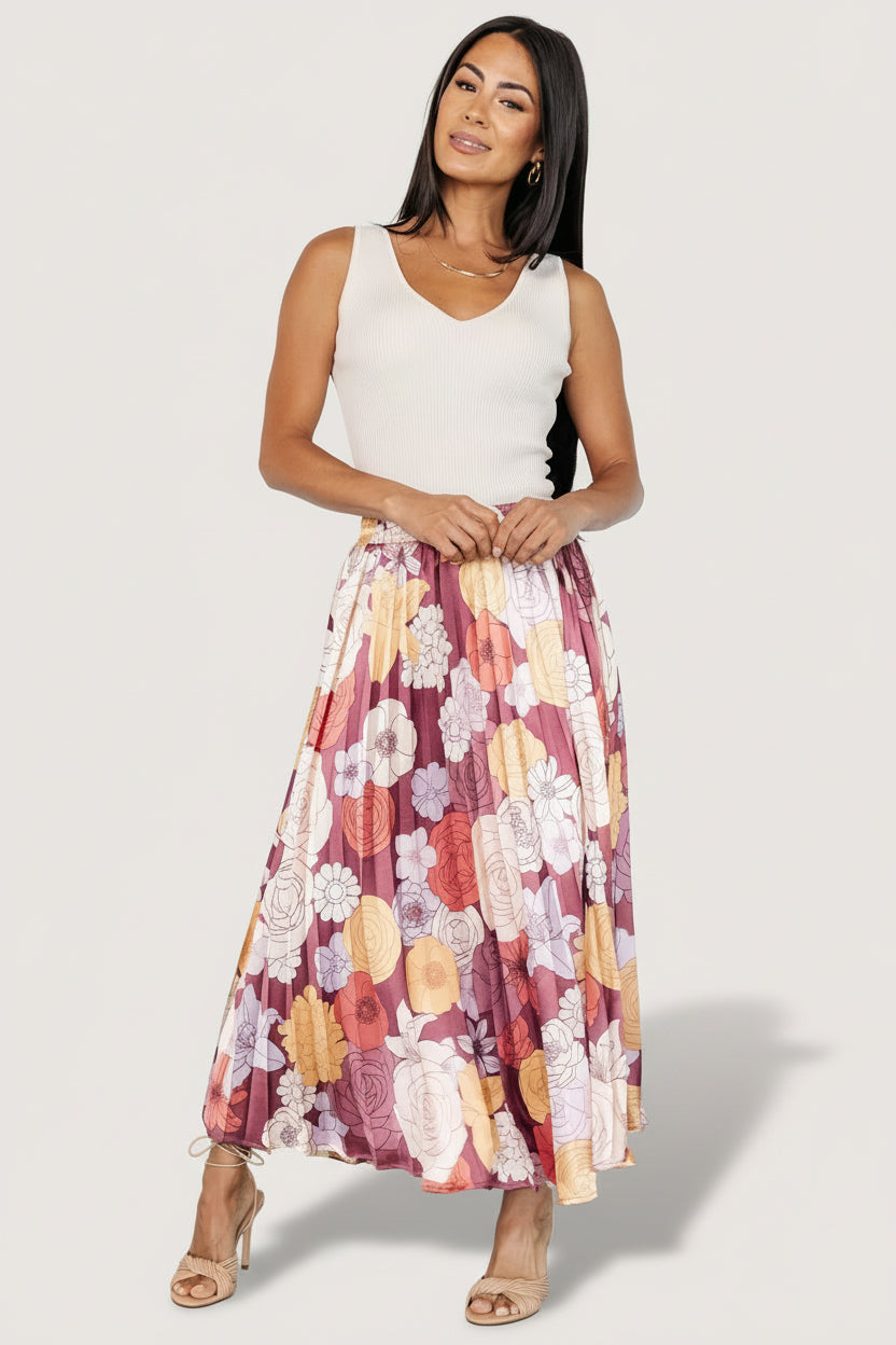Cori Pleated Skirt | Deep Mauve Floral