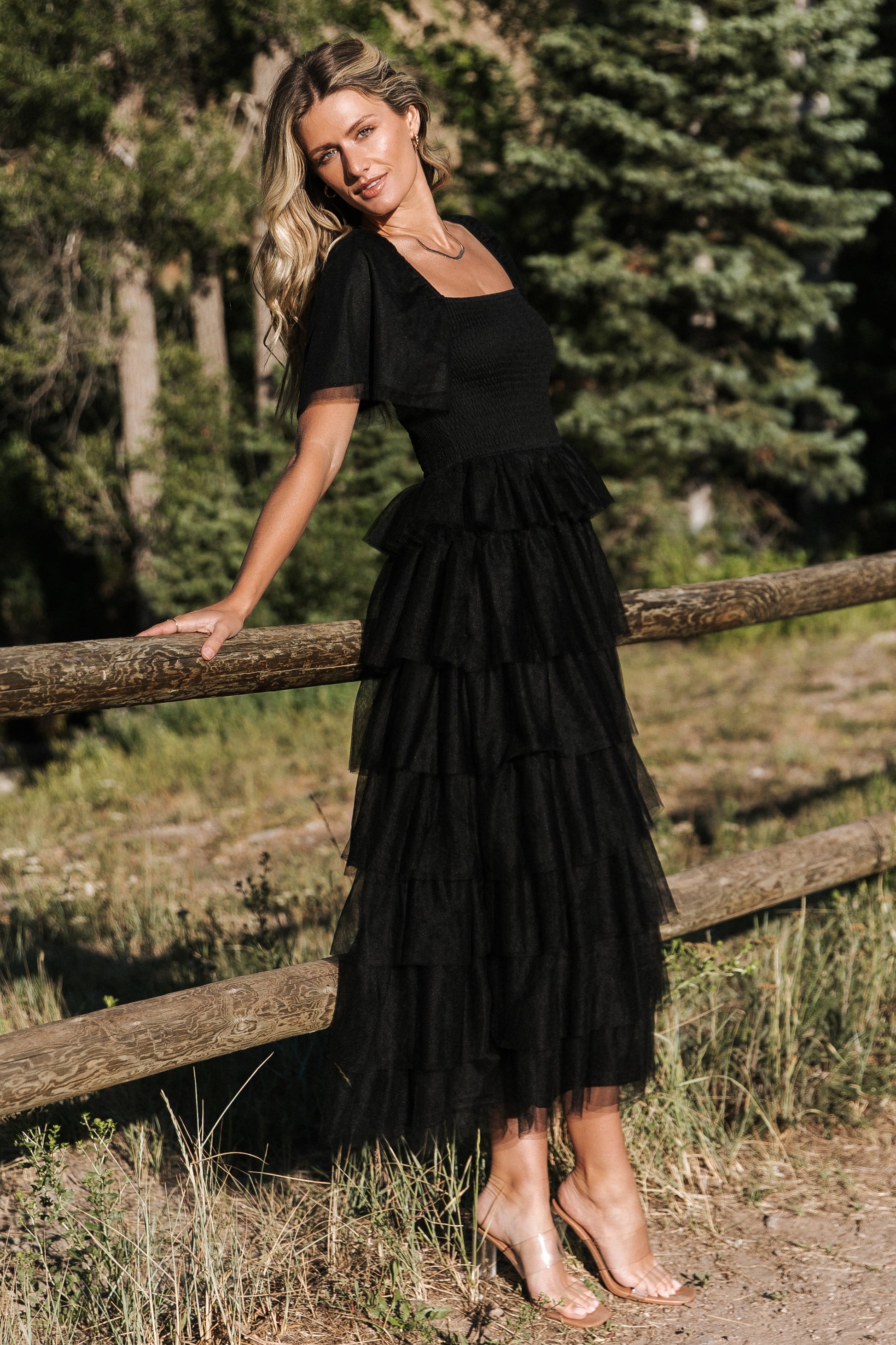 tulle for love black mesh tulle tiered ruffled maxi dress Lace & Beads tiered ruffle tulle maxi dress in black