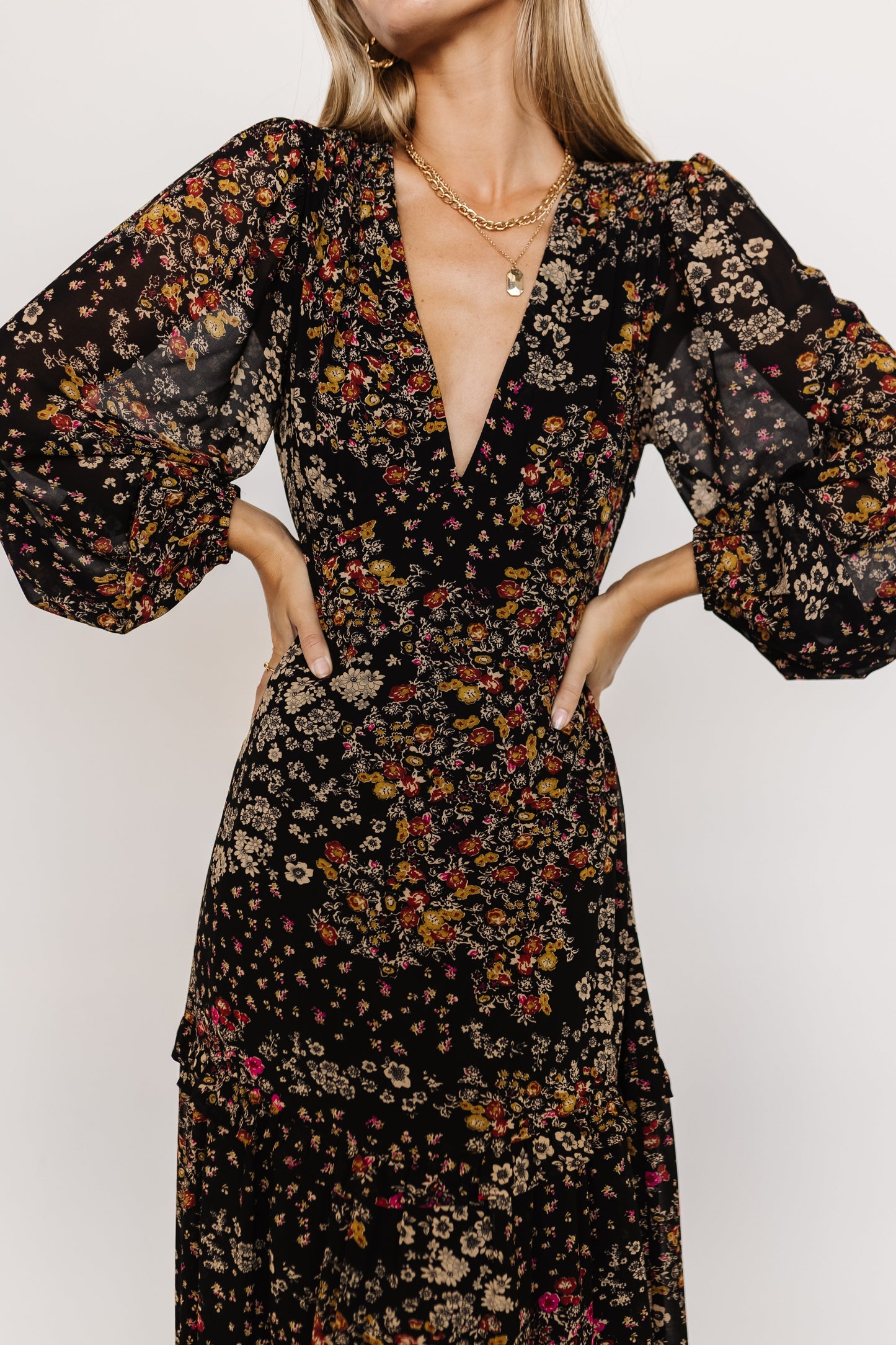 Bowman Deep V Maxi Dress | Black Multi