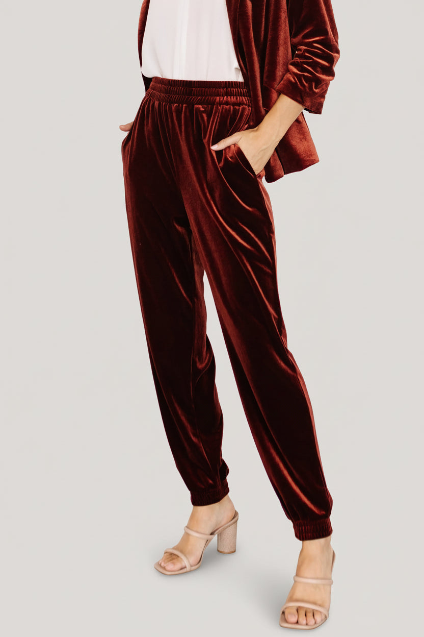 Front view of Archie velvet jogger pants in cinnamon on a model, showing full length, elastic waistband, and hidden side pockets.