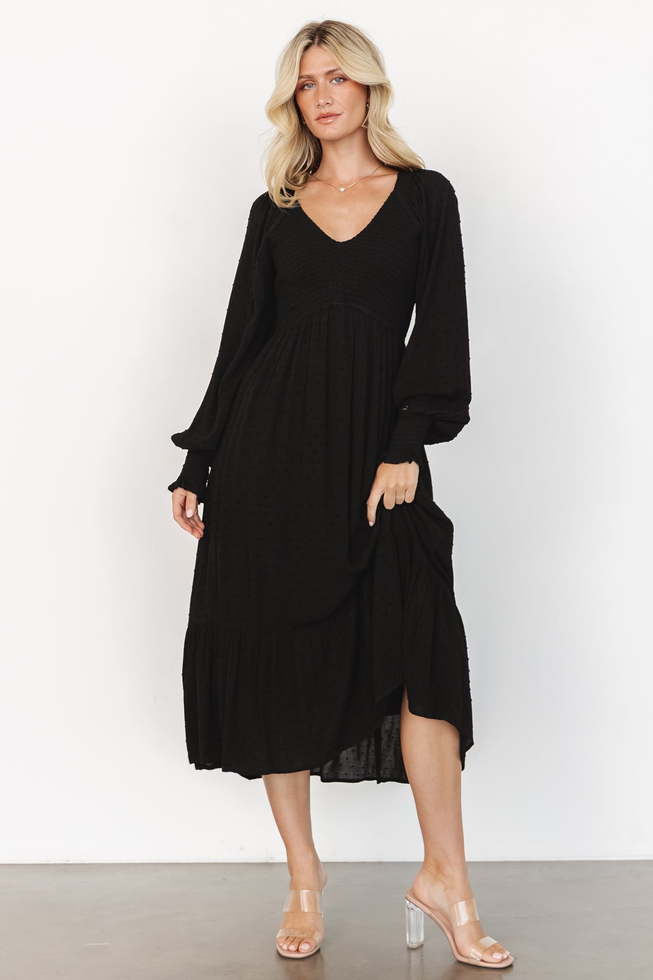 Baltic Born Womens Lainey Smocked Dotted Midi Dress | Black