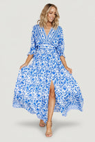 Close-up of angled front waistline and attached waist tie on blue and white rayon Watson kimono maxi dress.