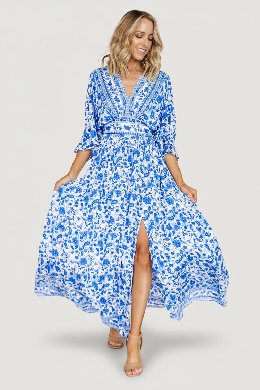 Close-up of angled front waistline and attached waist tie on blue and white rayon Watson kimono maxi dress.