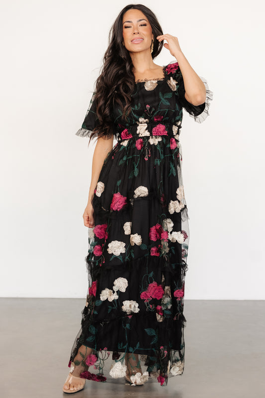 Allison Embroidered Tulle Maxi Dress | Black Multi