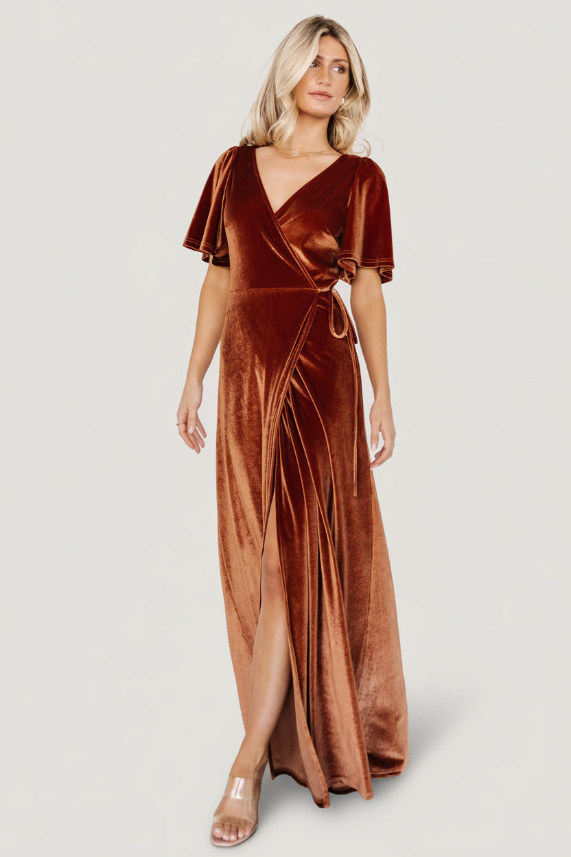 Baltic Born Womens Meghan Velvet Wrap Maxi Dress | Spice