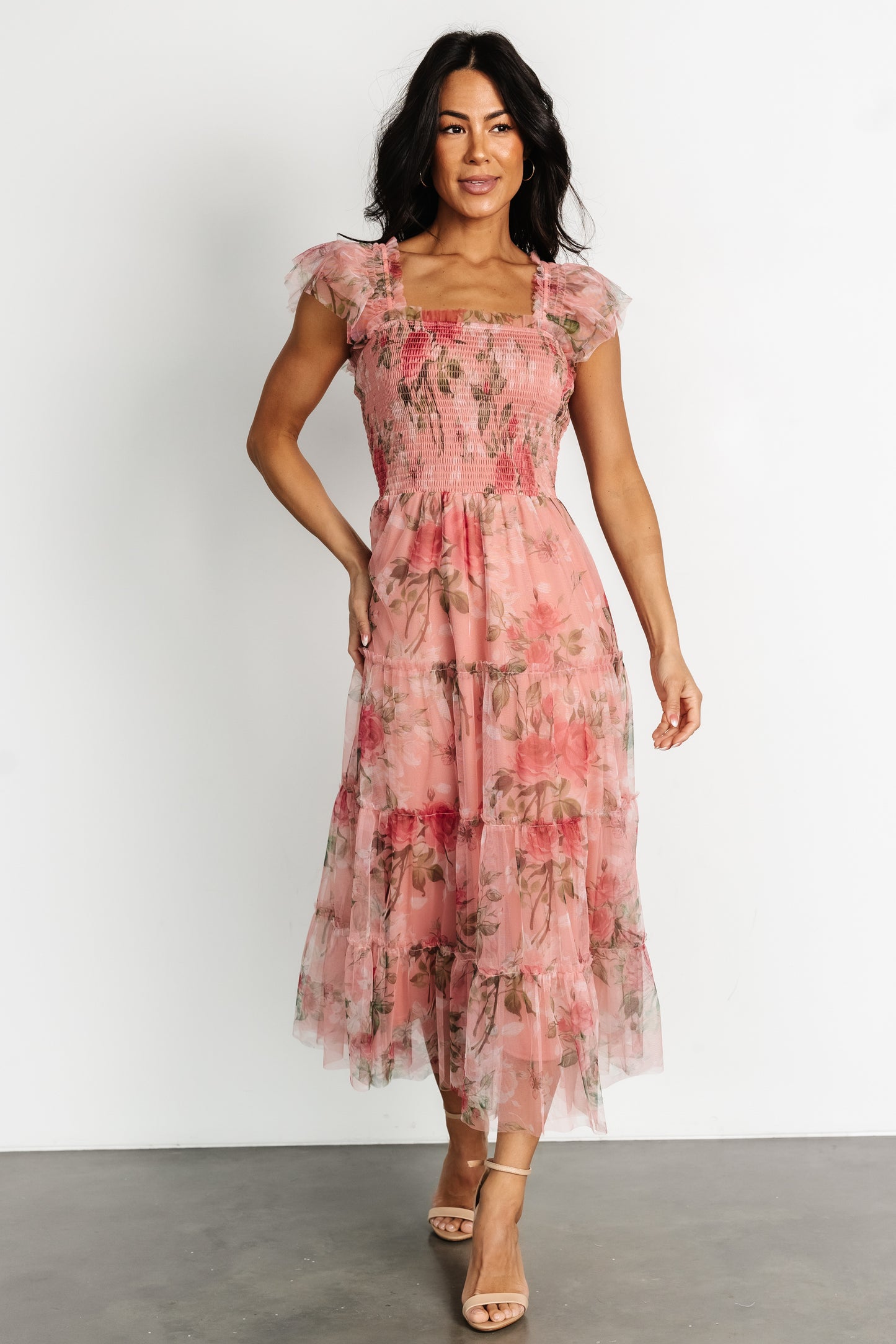 Clementine Tulle Midi Dress | Pink Rose Floral