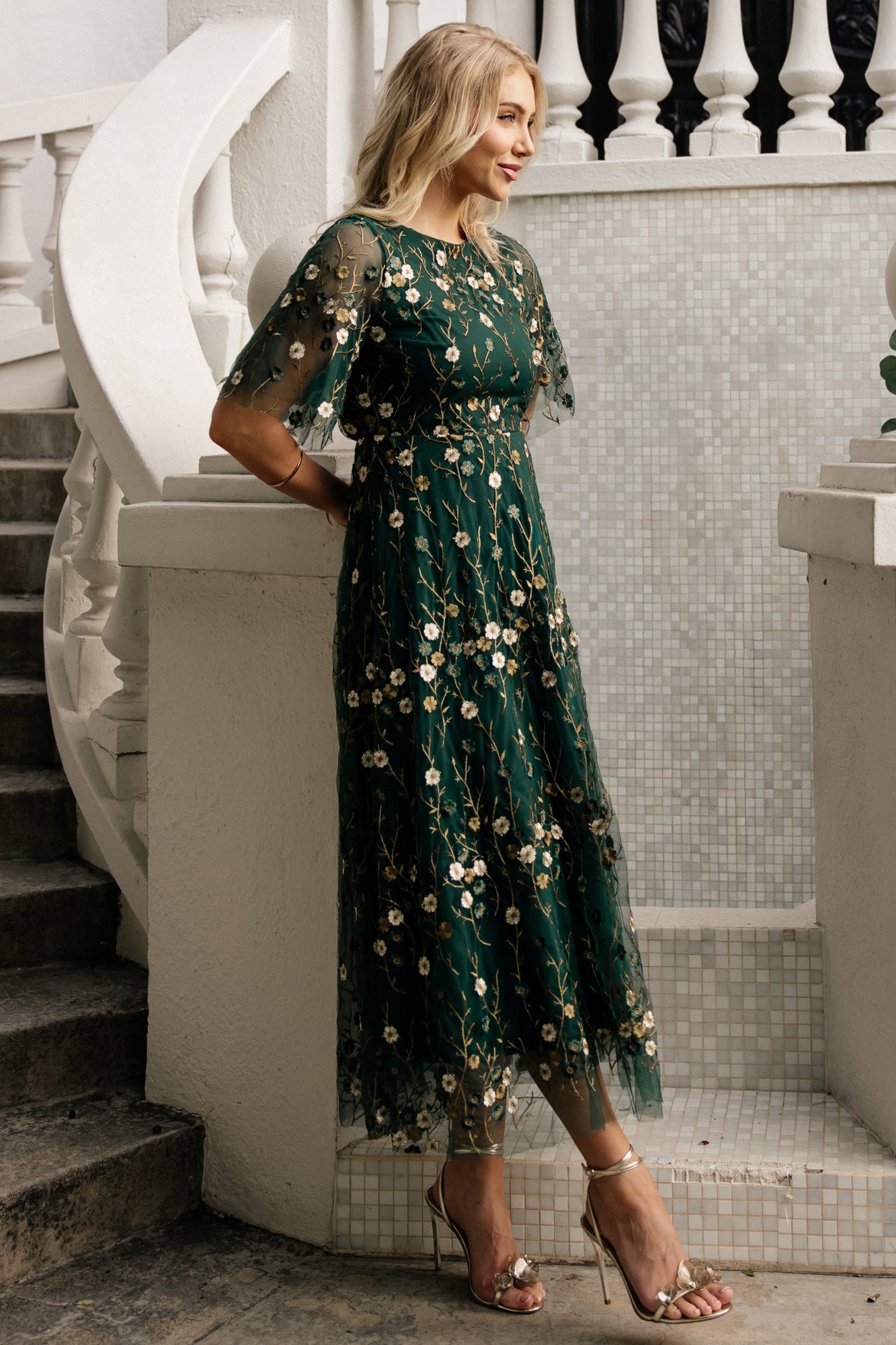 Arabella Embroidered Tulle Maxi Dress | Dark Green Floral Arabella Embroidered Tulle Maxi Dress | Dark Green Floral