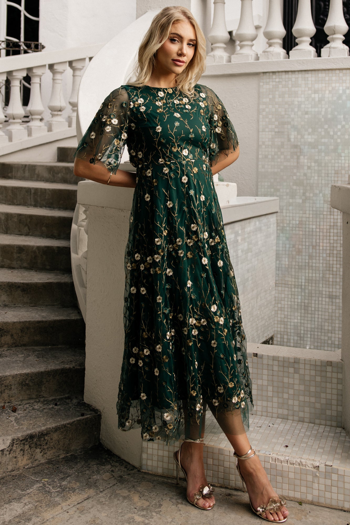 Arabella Embroidered Tulle Maxi Dress | Dark Green Floral Arabella Embroidered Tulle Maxi Dress | Dark Green Floral