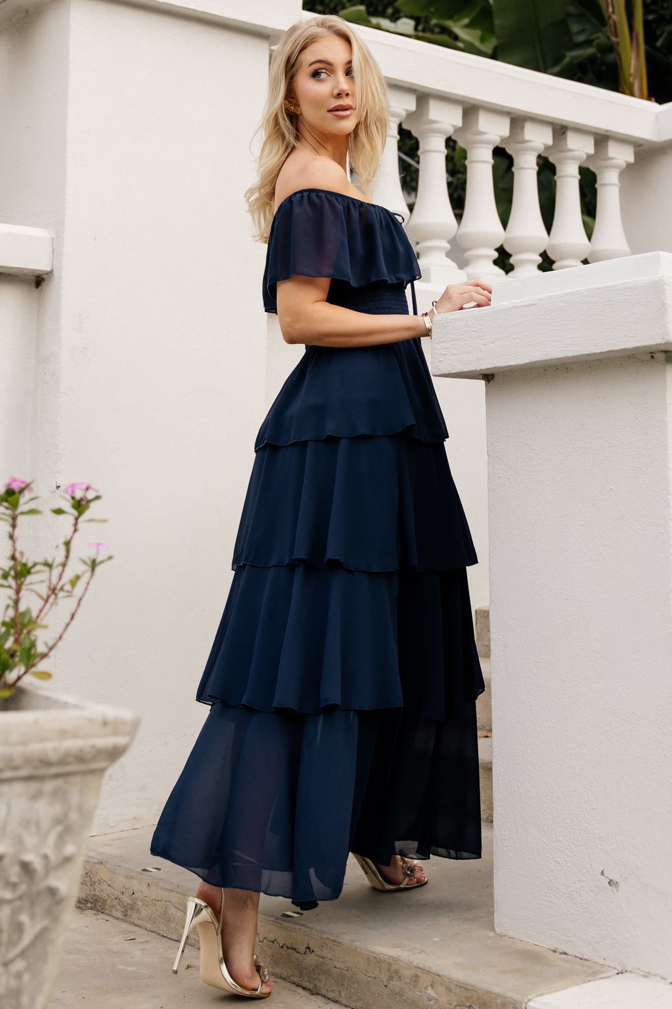 Baltic Born Womens Carina Off Shoulder Maxi Dress | Navy