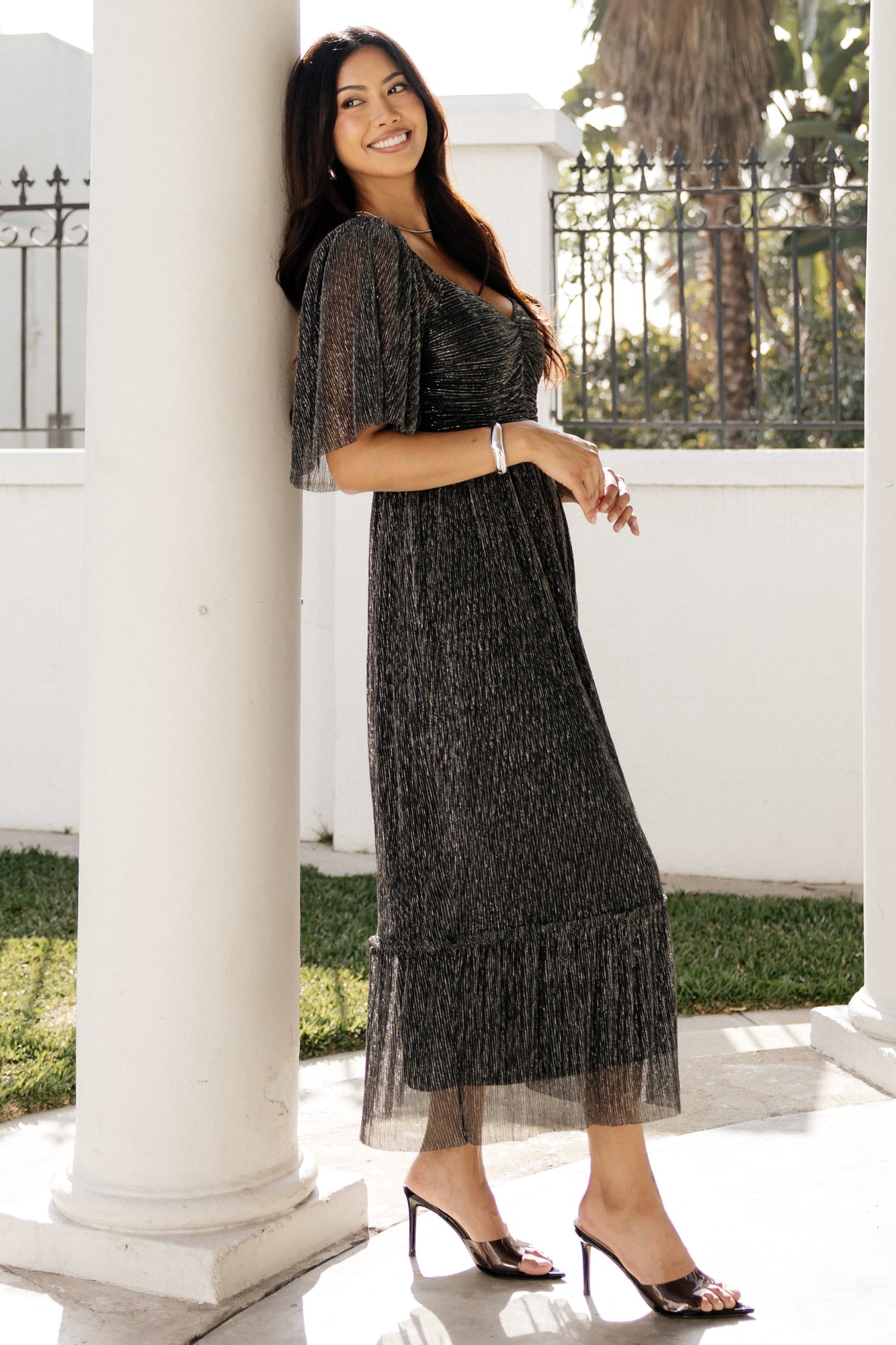 Elea Shimmer Pleated Chiffon Midi Dress, Black | Baltic Born S Elea Shimmer Pleated Chiffon Midi Dress, Black | Baltic Born S