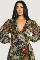 Close-up of multi floral chiffon print and bodice detailing on the Bowman Deep V Maxi Dress, showing fabric texture and lining.