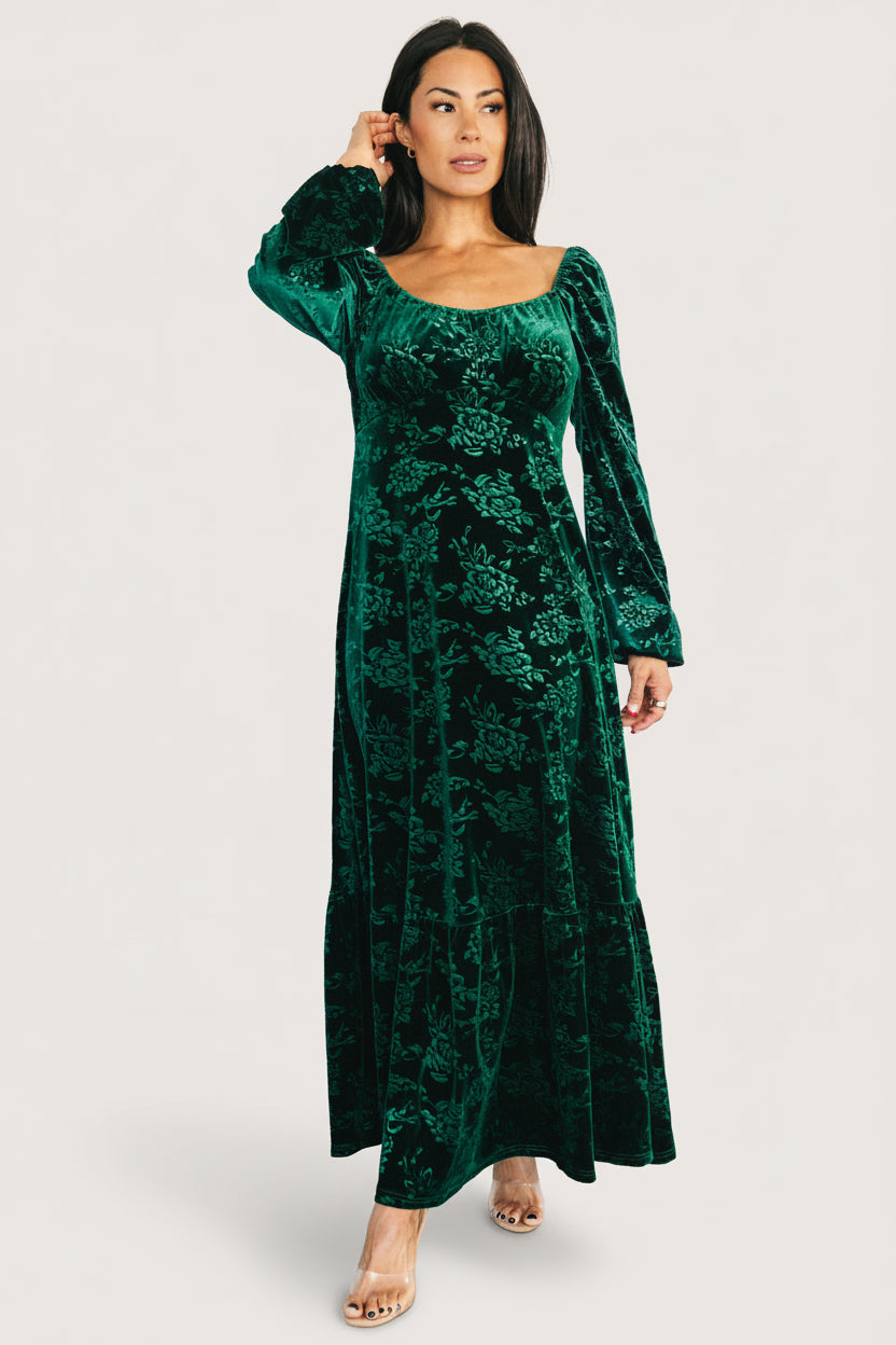 Baltic Born Womens Audra Velvet Embossed Maxi Dress | Emerald