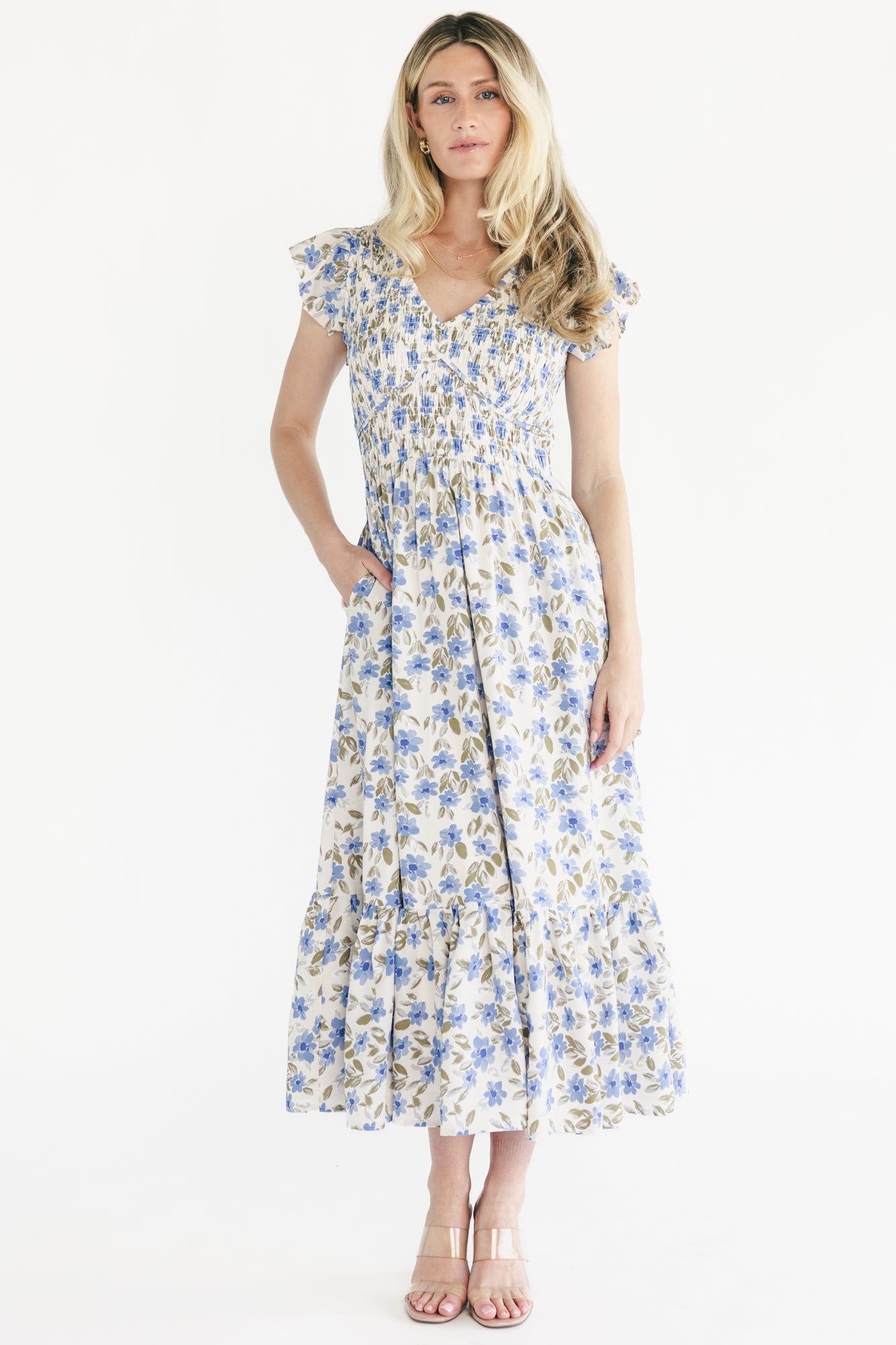 Baltic Born Womens Tilly Smocked Dress | Ivory + Blue Floral