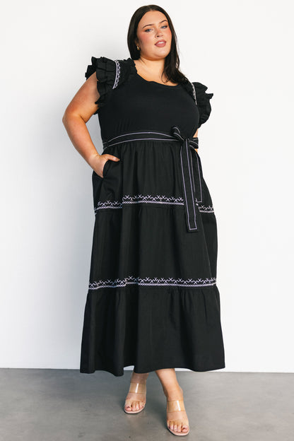 Elisa Embroidered Midi Dress | Black