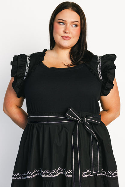 Elisa Embroidered Midi Dress | Black