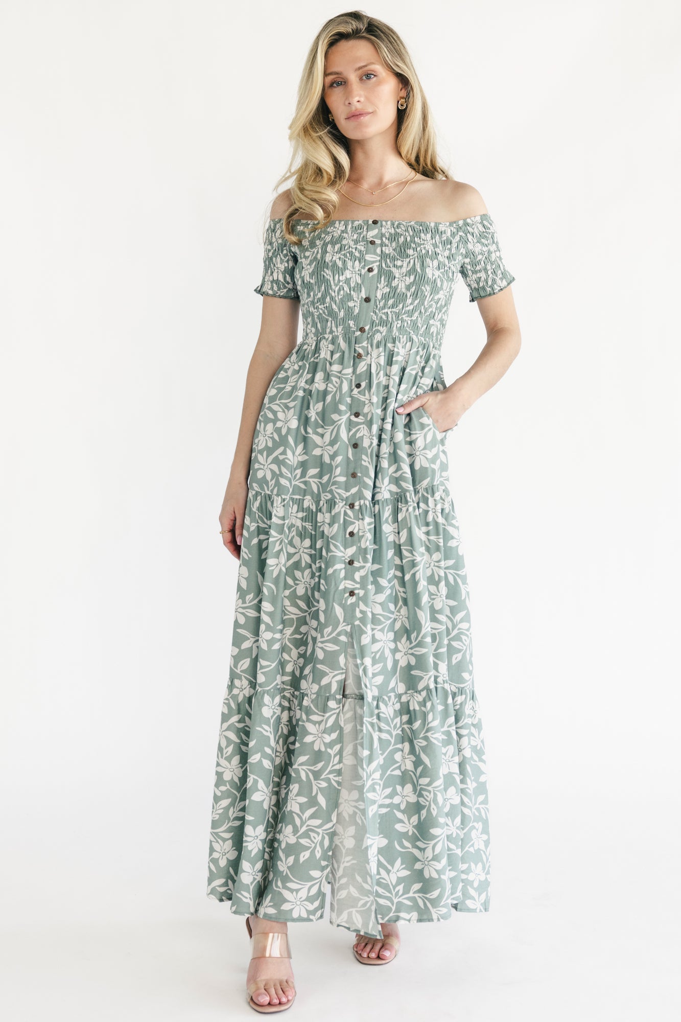 Baltic Born Womens Payton Off Shoulder Maxi Dress | Dusty Sage
